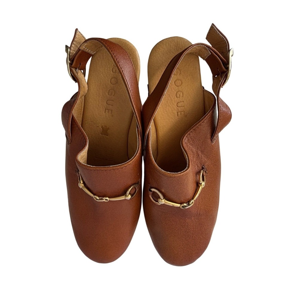 Gogue Brown Leather Clogs Gold Horsebit Wood Platform Slingback Mexico Womens 8